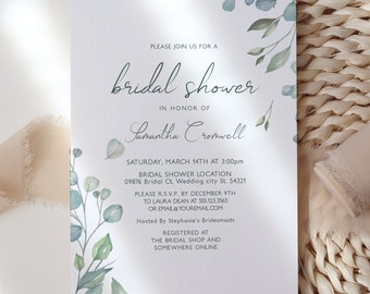 May include: A bridal shower invitation with elegant script and watercolor eucalyptus accents. The invitation includes details for Samantha Cromwell's shower, including the date, time, location, and RSVP information. The design features a soft, neutral colour palette.
