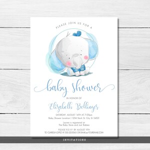 May include: Baby shower invitation featuring a watercolor illustration of a cute baby elephant with blue accents. The invitation includes details for the event, including the date, time, location, and honoree's name, Elizabeth Bellinger.