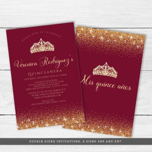 Maroon and Gold Glitter Quinceañera Invitations. Designed with sparkles, faux gold glitter, gold crown with diamond, and burgundy background accents for a fabulous birthday. Designed By MetroEvents