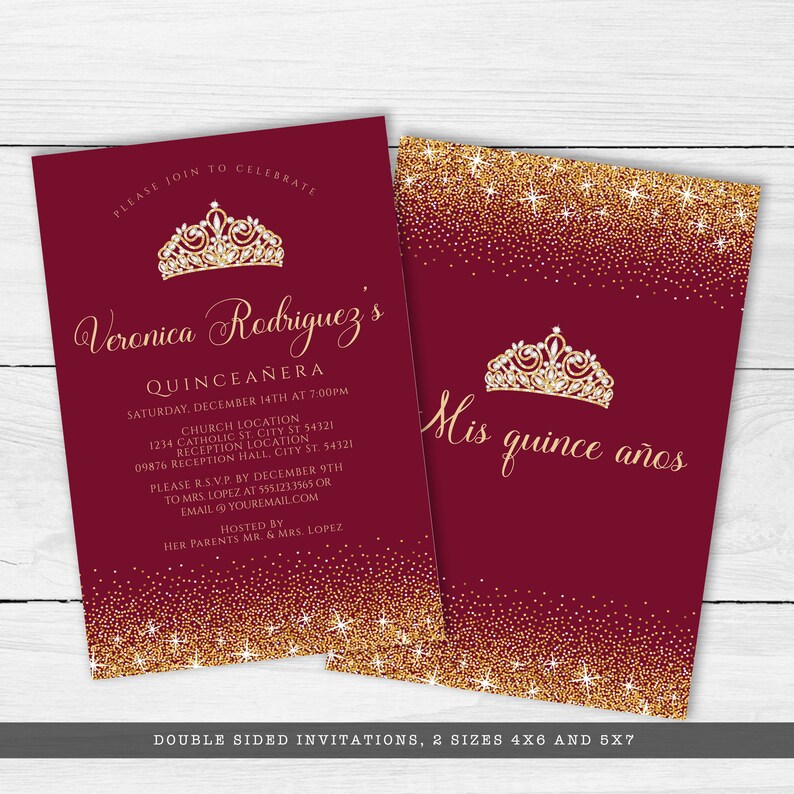 Maroon and Gold Glitter Quinceañera Invitations. Designed with sparkles, faux gold glitter, gold crown with diamond, and burgundy background accents for a fabulous birthday. Designed By MetroEvents