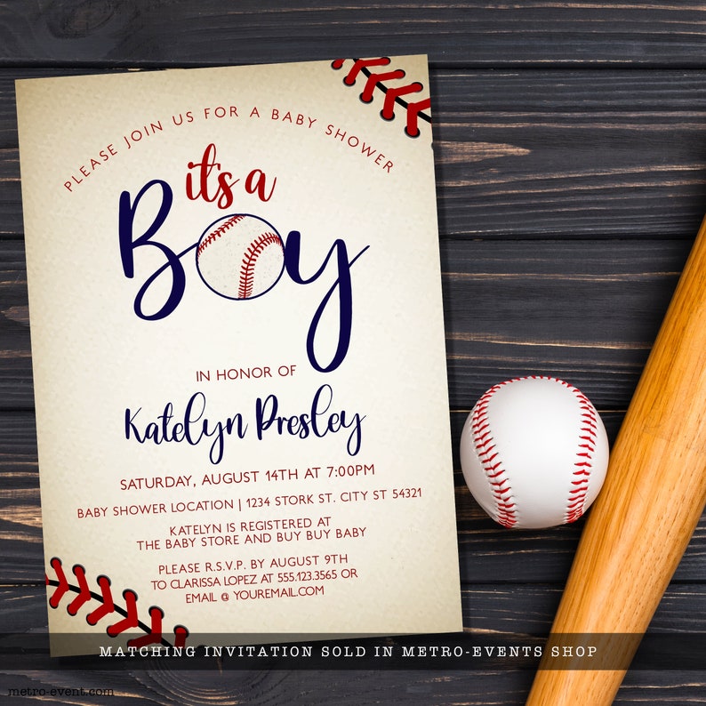 Vintage Baseball Baby Shower Invitations. Created with a vintage texture background accented with baseball laces. Designed by MetroEvents.