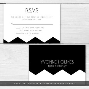 Modern and Sleek Black and White Party RSVP Cards. Designed by MetroEvents.