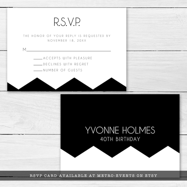 Modern and Sleek Black and White Party RSVP Cards. Designed by MetroEvents.