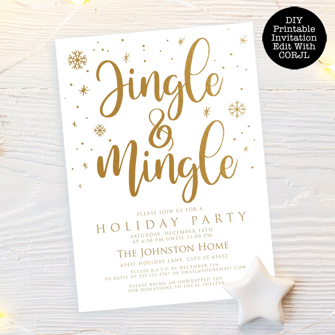 Jingle and Mingle Christmas Invitations, Gold and White Christmas Party ...