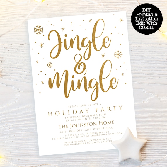 Jingle and mingle Christmas Invitations, Gold and White Christmas Party ...