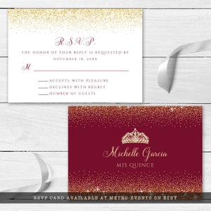 Maroon and Gold Glitter RSVP cards. Designed with sparkles, faux gold glitter, gold crown with diamond, and burgundy background accents for a fabulous birthday. Designed By MetroEvents