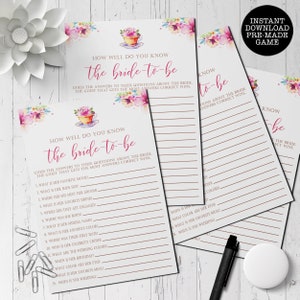 Pink Floral Bridal Shower Game, How Well Do You Know The Bride, Tea Party Themed Games, Instant Download,  Printable Game, Instant Download