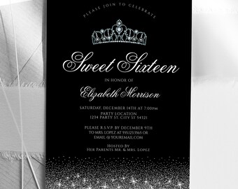 Editable Black and Silver Sweet Sixteen Party Invitations - Edit Using Corjl Online - DIY Sweet 16 Printable