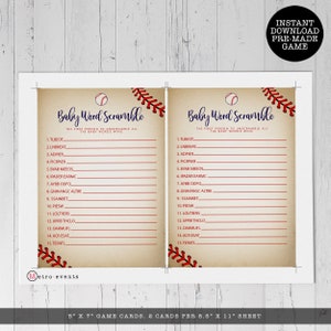 DIY, printable baby shower games. Baby word scramble is designed with a vintage baseball background. created by MetroEvents