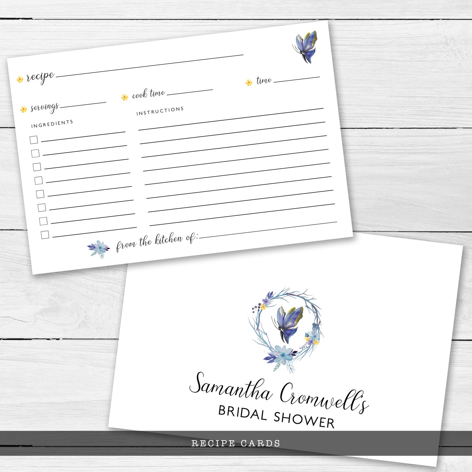 Butterfly Recipe Card Blue Butterfly Recipe Cards Corjl Etsy