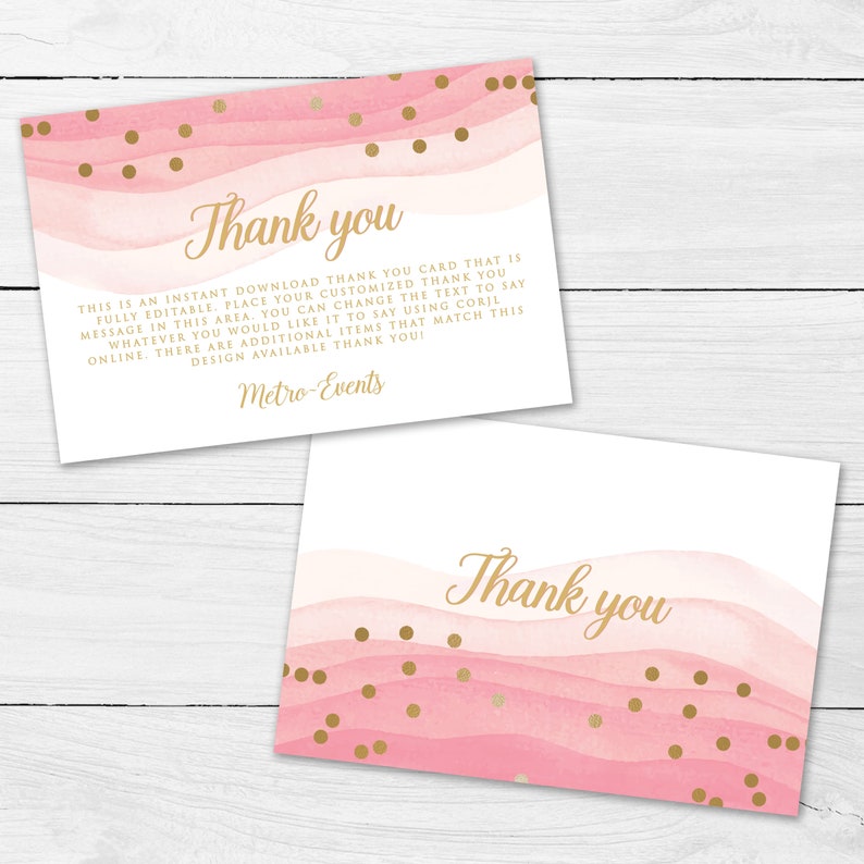 May include: Two pink and gold thank you cards. The cards feature a watercolor design with pink waves and gold polka dots. The words "Thank you" are written in gold script. The cards also include additional text about customization.