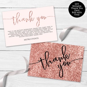 Tarjeta de agradecimiento de brillo rosa, notas de agradecimiento de brillo, tarjeta de agradecimiento imprimible, tarjeta de agradecimiento personalizada, tarjeta de agradecimiento rosa, temática de glamour rosa