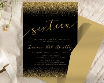 Gold and Black Invitations Sweet Sixteen Invitation Gold Glitter Invite Printable Invitation Modern Trendy Party Invitation Corjl Template