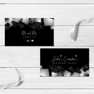 printable escort card with Customizable Corjl Template Silver and Black Casino Night with Hearts Spades Clubs Diamonds Perfect for Birthday Party Favors and Decorations
