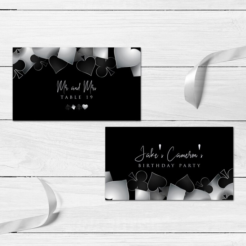printable escort card with Customizable Corjl Template Silver and Black Casino Night with Hearts Spades Clubs Diamonds Perfect for Birthday Party Favors and Decorations