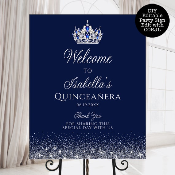 Navy Blue and Silver Welcome Sign, Printable Sign, Glitter Party Sign, Custom Welcome Sign, Editable Welcome Sign, Instant download, Corjl Il_570xn