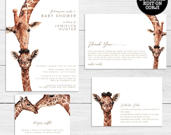 May include: A set of baby shower stationery featuring watercolor giraffe illustrations. Includes an invitation, thank you card, diaper raffle card, and a book request card. The text is in gold and the design is available for instant download.