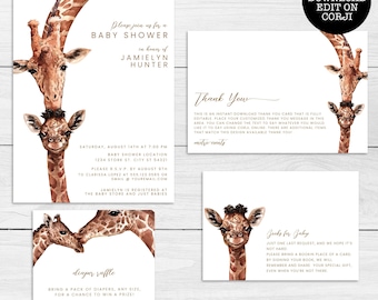 Giraffe Baby Shower Invitation Set, Printable Baby Shower Invitation, Thank You Card, Diaper Raffle Card, Books for Baby Card,Corjl Template