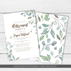 Greenery, Cottagecore-Style Retirement Party Invitations. Features soft green leaves covering the corners with a watercolor-style texture. Designed By MetroEvents.