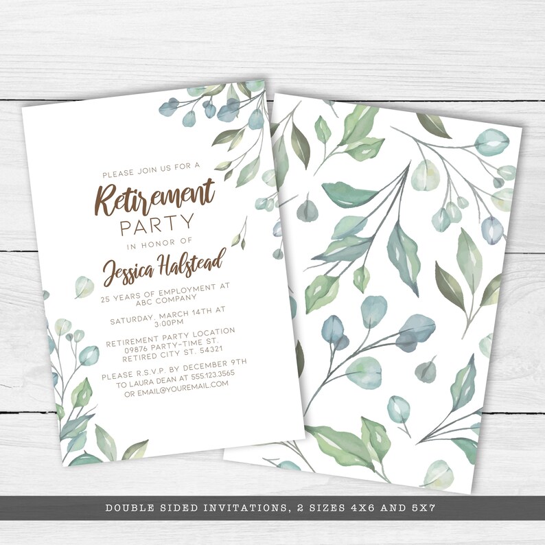 Greenery, Cottagecore-Style Retirement Party Invitations. Features soft green leaves covering the corners with a watercolor-style texture. Designed By MetroEvents.