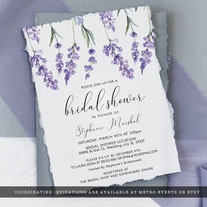 May include: A lavender floral bridal shower invitation with a white background and a torn edge. The invitation reads "Please join us for a bridal shower in honor of Stephanie Marshal" and includes the date, time, and location of the event. It also includes the RSVP information and the website where the event is registered.