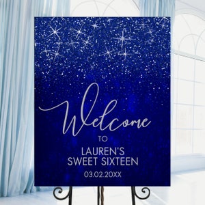 Blue Glitter Welcome Signs, Sweet Sixteen, Printable Party Sign, Instant Download, Sweet Sixteen Sign, Royal Blue Sign, Corjl Template