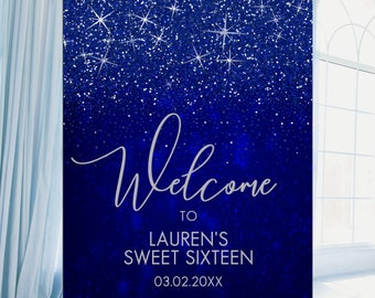 Blue Glitter Welcome Signs, Sweet Sixteen, Printable Party Sign, Instant Download, Sweet Sixteen Sign, Royal Blue Sign, Corjl Template