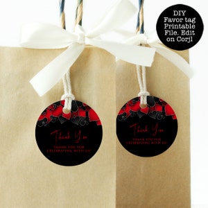 Roll the dice, throw down your royal flush it's casino night! Fun and elegant adult party gift tags are designed with a black background with hearts, spades, diamonds, and clubs' upper frame. Designed by MetroEvents
