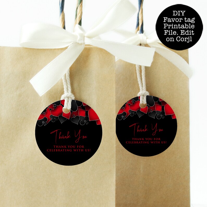Roll the dice, throw down your royal flush it's casino night! Fun and elegant adult party gift tags are designed with a black background with hearts, spades, diamonds, and clubs' upper frame. Designed by MetroEvents