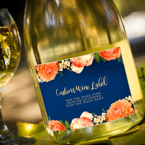 Editable Navy and Orange Wine Labels, Printable Wine Label, Custom Wine