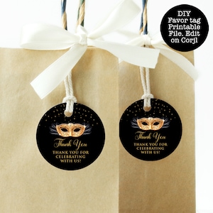 Gold and Black Masquerade Favor Tags, Round Gift Tags, Editable Gift Label, Printable Favor Tags, Gift Tag, Corjl Template, Masquerade Tags