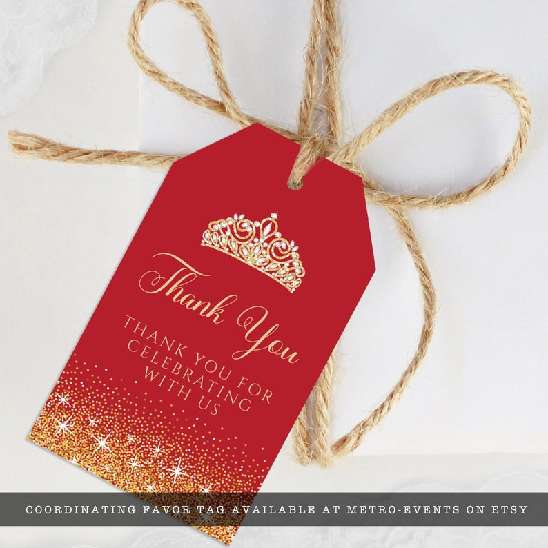 Red and Gold Glitter Favor Tags. Designed with sparkles, faux gold glitter, gold crown with diamond, and red background accents for a fabulous birthday. Designed By MetroEvents