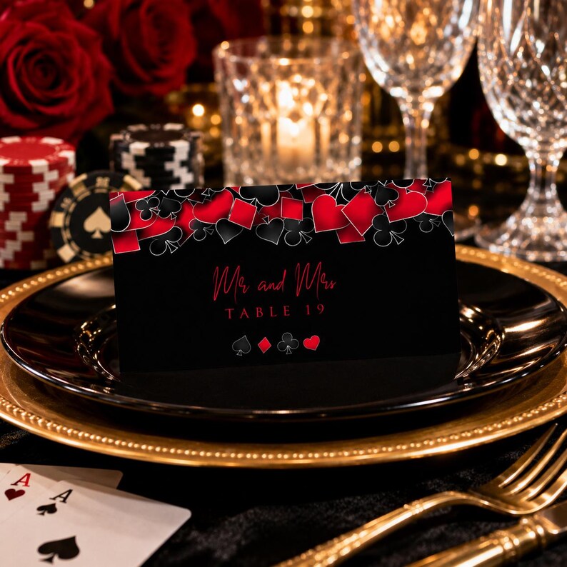 May include: A black rectangular table card featuring a red and black playing card suit pattern along the top edge. The text reads Mr and Mrs TABLE 19 in red script and block lettering, with small red and white suit icons at the bottom center.