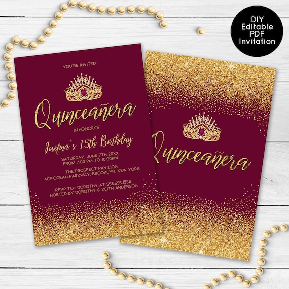 Gold and Maroon Glitter Quinceanera Invitations, Glitter Quinceanera Invitations, Red Quinceanera Invitations, Printable Quince Invitations Il_570xn