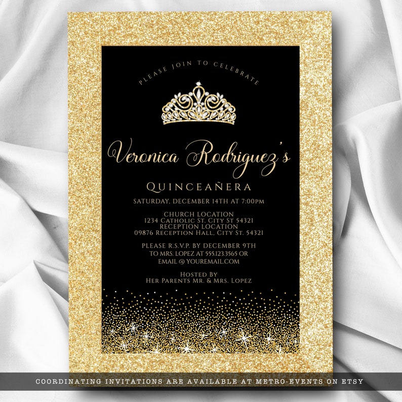 Gold and Black Glitter Quinceañera Invitations. Designed with sparkles, faux gold glitter, and a gold crown with diamond accents for a fabulous birthday. Designed By MetroEvents