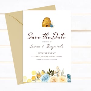 Bewerkbare mooie Save-the-Date-kaarten met bijenthema, evenementensjabloon met landthema, bruiloft Save the Date, Save the Date, Corjl-sjabloon