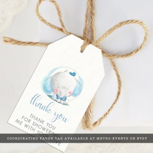 May include: A white gift tag with a watercolor illustration of a baby elephant in blue and a blue bow. The tag is tied with twine and has the words "thank you" and "Thank you for showering me with your love."