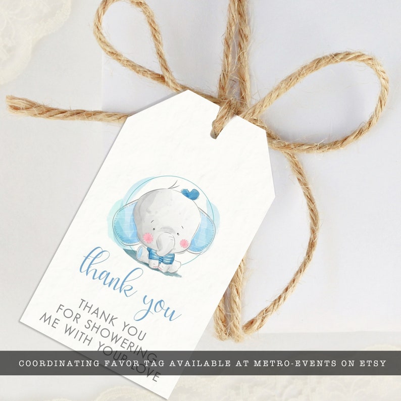 May include: A white gift tag with a watercolor illustration of a baby elephant in blue and a blue bow. The tag is tied with twine and has the words "thank you" and "Thank you for showering me with your love."