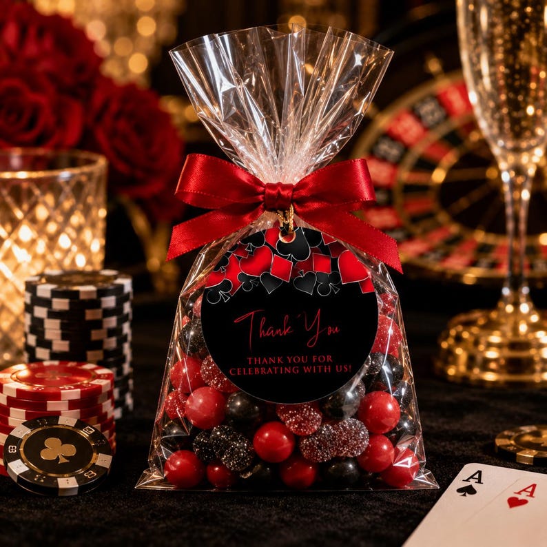 May include: A clear plastic favor bag filled with red and black candies, tied with a red satin ribbon. A round black tag features red and black card suit icons and the text Thank You, THANK YOU FOR CELEBRATING WITH US! in red and white lettering.