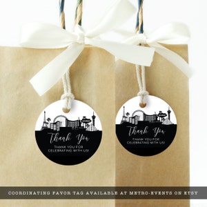 Vegas Baby! This black-and-white gift tag is created with a silhouette of the Las Vegas Skyline. Perfect for your Vegas vacation. Designed By MetroEvents.