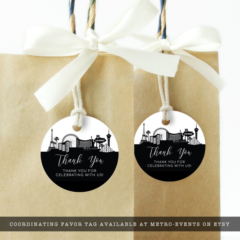 Vegas Baby! This black-and-white gift tag is created with a silhouette of the Las Vegas Skyline. Perfect for your Vegas vacation. Designed By MetroEvents.