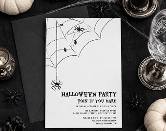 Halloween Party Invitation Template, Spiderweb Costume Party Invite, Black and White Editable Corjl Printable, Gothic Halloween Invite