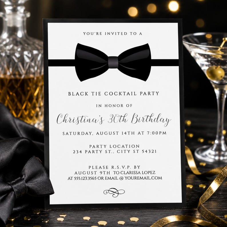 May include: A rectangular white invitation card featuring a black bow tie graphic at the top. The text reads: YOU'RE INVITED TO A BLACK TIE COCKTAIL PARTY IN HONOR OF Christina's 30th Birthday SATURDAY, AUGUST 14TH AT 7:00PM PARTY LOCATION 234 PARTY ST., CITY ST 54321 PLEASE R.S.V.P. BY AUGUST 9TH TO CLARISSA LOPEZ AT 555.123.3565 OR EMAIL @ YOUREMAIL.COM.