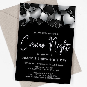 Invitación de la noche del casino Invitaciones a la fiesta de Las Vegas Invitaciones de casino imprimibles Plantilla Corjl plateada y negra, descarga instantánea