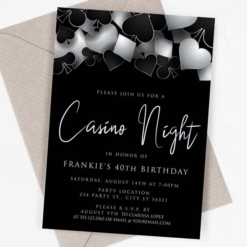 Printable Digital Party Invitation with Customizable Corjl Template - Silver and Black Casino Night with Hearts Spades Clubs Diamonds - Perfect for Birthday Parties