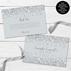 Tarjetas de agradecimiento Silver Glitter, notas de agradecimiento Glitter, tarjeta de agradecimiento imprimible, tarjeta de agradecimiento personalizada, plantilla Corjl, descarga instantánea