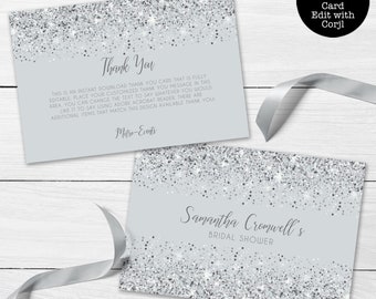 Silver Glitter Thank You Cards, Glitter Thank You Notes, Printable Thank You Card, Custom Thank You Card, Corjl Template, Instant Download