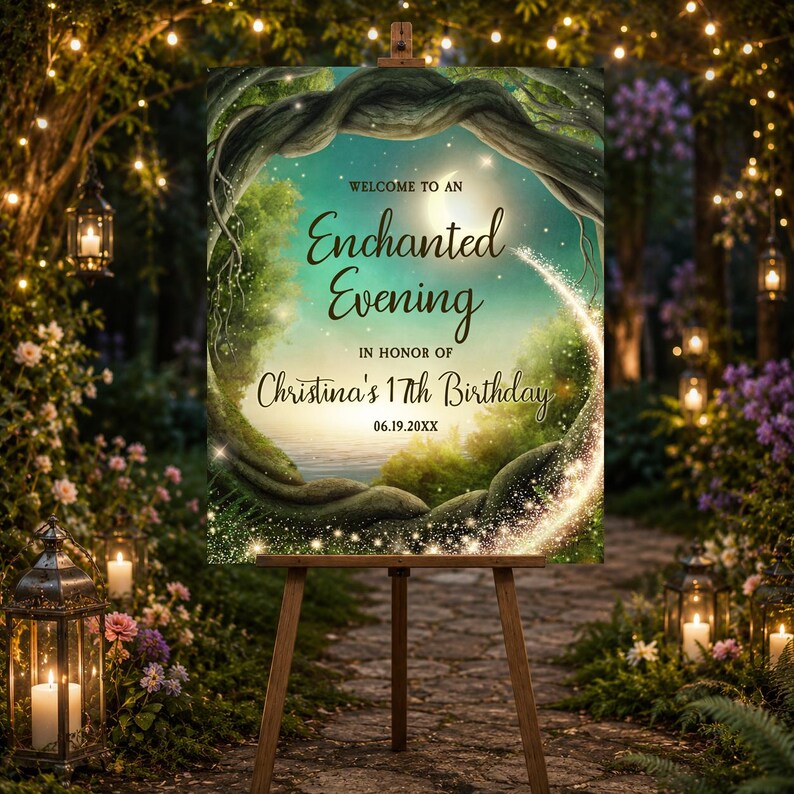 Op de afbeelding: Een rechthoekig bord op een houten ezel met een bossc&egrave;ne waarin gedraaide boomtakken een boog vormen, met gloeiende lichtjes en een maansikkel. De tekst luidt: WELCOME TO AN Enchanted Evening IN HONOR OF Christina's 17th Birthday 06.19.20XX.