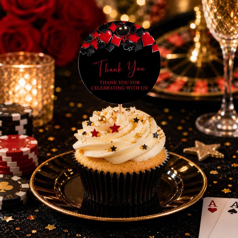 May include: A cupcake topped with white frosting, gold and red star-shaped sprinkles, and a round black cardstock topper featuring red and black playing card suit icons and the text Thank You THANK YOU FOR CELEBRATING WITH US in red and white.