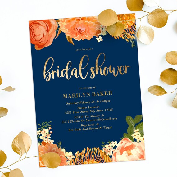 Navy and Orange Floral, Printable Bridal Shower Invitations, Floral